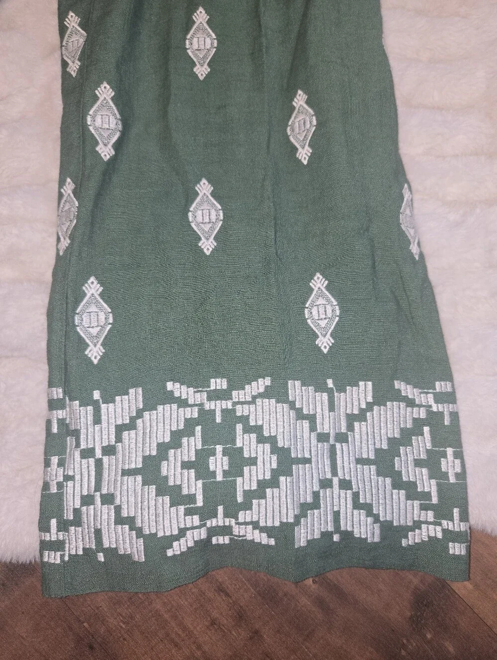 Zara Linen Green Embroidered Wide-Leg Resort [Medium] Pants Beach Tropical